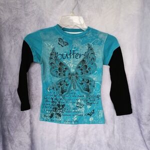 Pop Jeans Butterfly Graphic Layered Long Sleeve Tee Girls Blue Rhinestone Y2K
